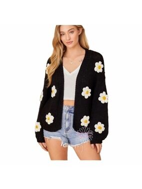 Baevely 3D Flower Cardigan Black Cream Yellow Daisies Oversized L
